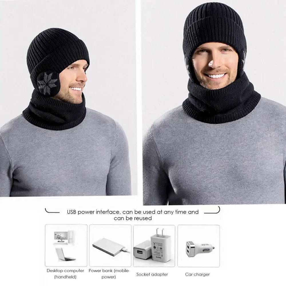 2 in 1 Winter Knitted Cap Neck Warmer USB Heated Beanie Hat Scarf Outdoor Cold Weather Rechargeable Heated Knitting Beanies