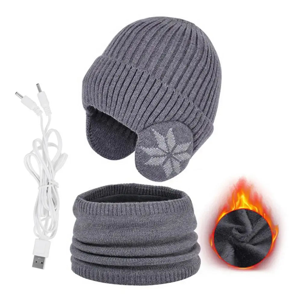 2 in 1 Winter Knitted Cap Neck Warmer USB Heated Beanie Hat Scarf Outdoor Cold Weather Rechargeable Heated Knitting Beanies