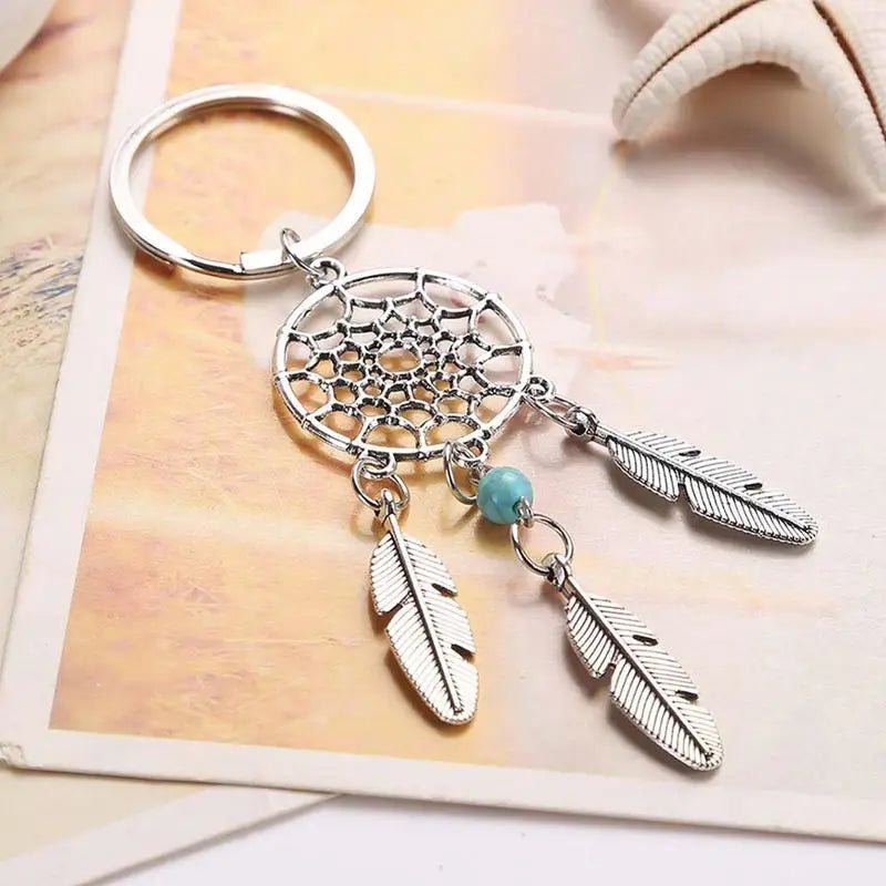 Natural Stone Dream Catcher Keyring Bag Charm Fashion Jewelry Feather Wing Keychain For Women Girl Party Gift