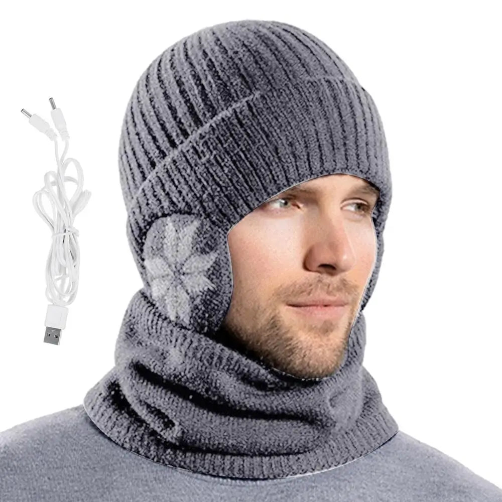 2 in 1 Winter Knitted Cap Neck Warmer USB Heated Beanie Hat Scarf Outdoor Cold Weather Rechargeable Heated Knitting Beanies