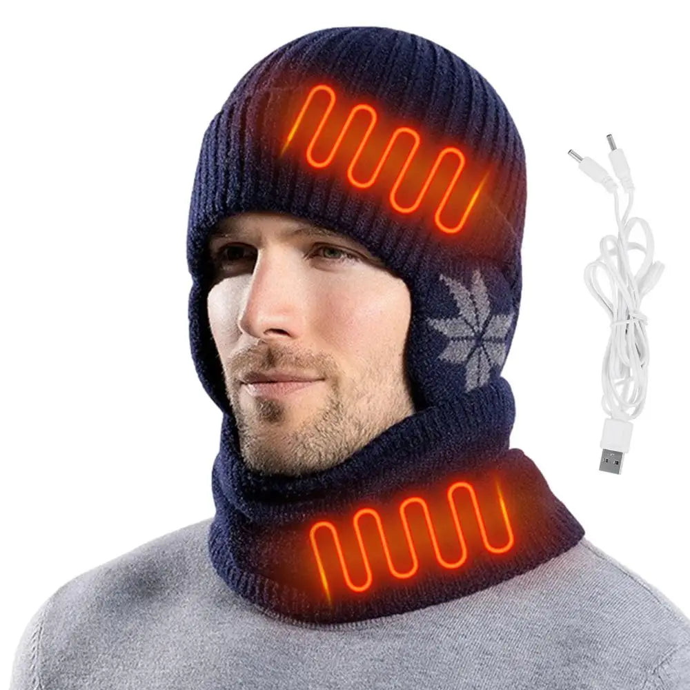 2 in 1 Winter Knitted Cap Neck Warmer USB Heated Beanie Hat Scarf Outdoor Cold Weather Rechargeable Heated Knitting Beanies