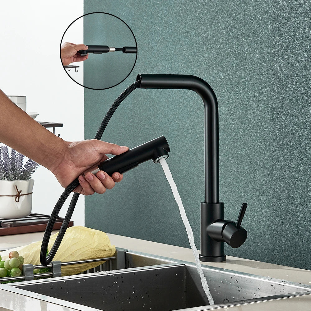 Black Pull Out Kitchen Sink Faucet Two Model Stream Sprayer Nozzle Stainless Steel Hot Cold Water Mixer Tap Deck