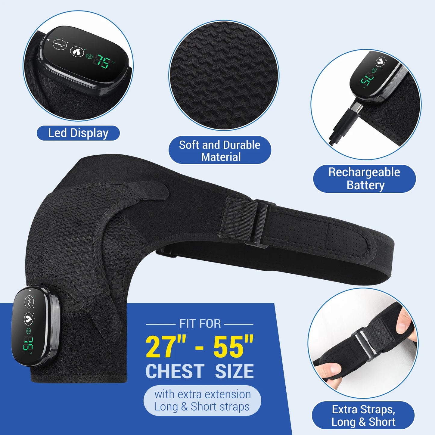 Rechargeable Heating Shoulder Pads Adjustable Shoulder Heating Belt Unisex 3 Level Vibration Heating Shoulder Brace Support Wrap