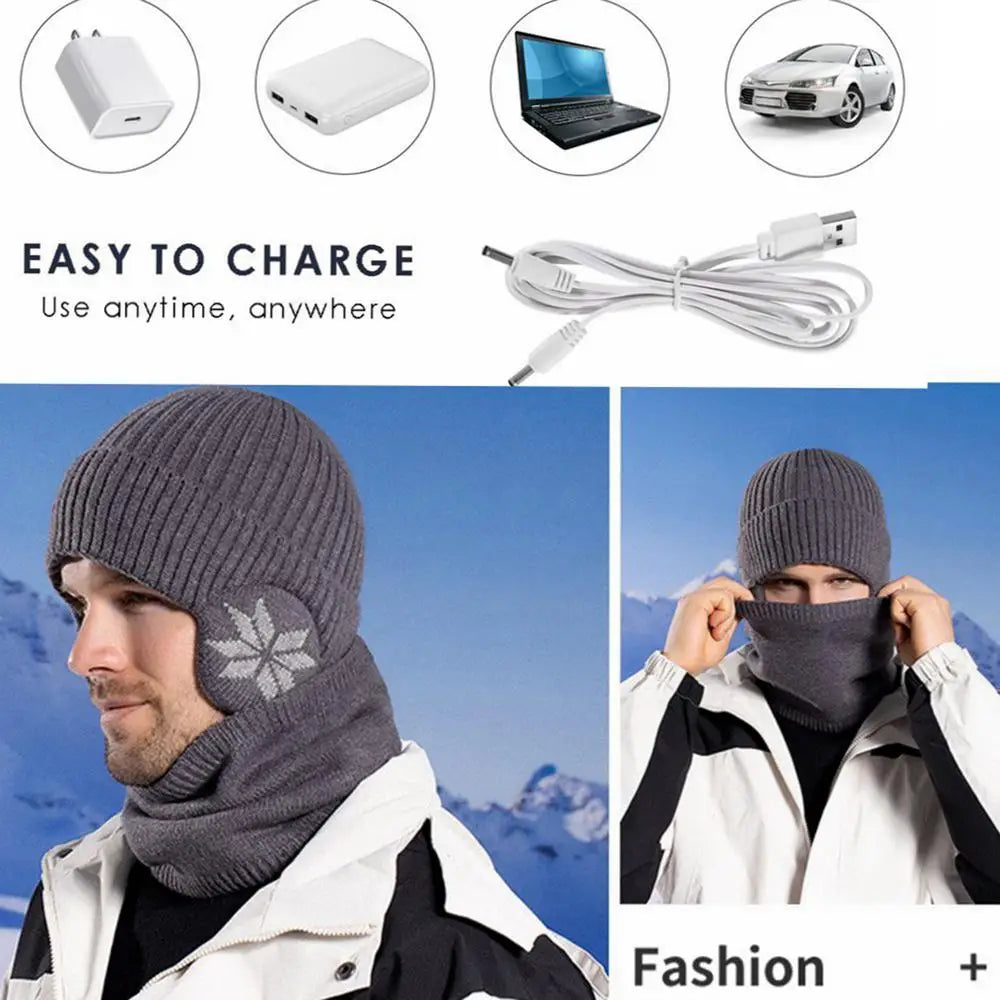 2 in 1 Winter Knitted Cap Neck Warmer USB Heated Beanie Hat Scarf Outdoor Cold Weather Rechargeable Heated Knitting Beanies