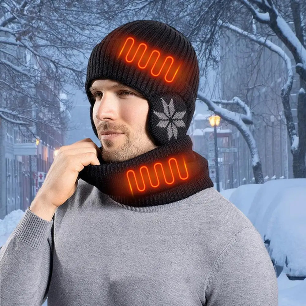 2 in 1 Winter Knitted Cap Neck Warmer USB Heated Beanie Hat Scarf Outdoor Cold Weather Rechargeable Heated Knitting Beanies
