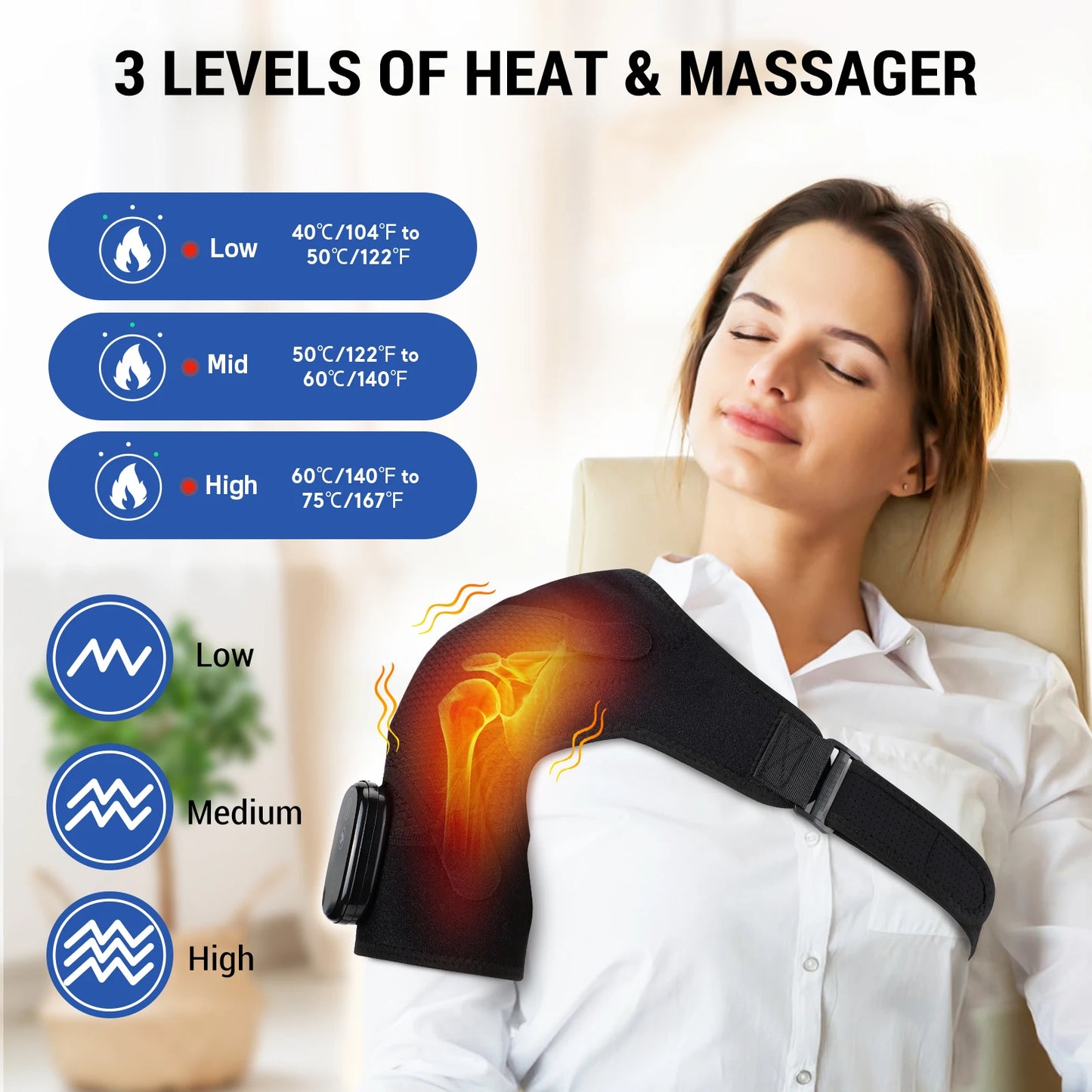 Rechargeable Heating Shoulder Pads Adjustable Shoulder Heating Belt Unisex 3 Level Vibration Heating Shoulder Brace Support Wrap