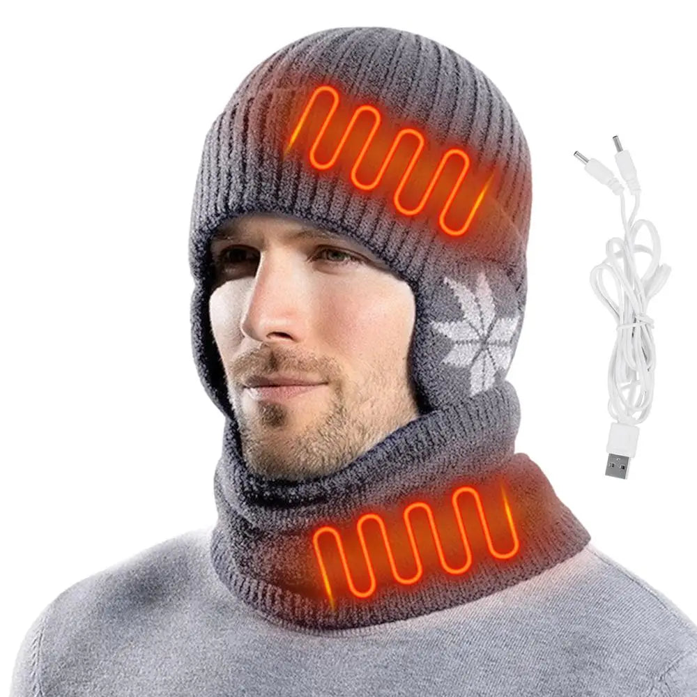 2 in 1 Winter Knitted Cap Neck Warmer USB Heated Beanie Hat Scarf Outdoor Cold Weather Rechargeable Heated Knitting Beanies