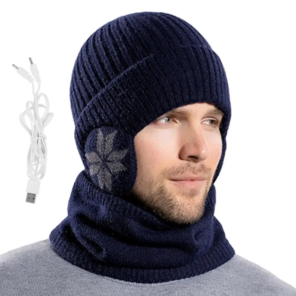 2 in 1 Winter Knitted Cap Neck Warmer USB Heated Beanie Hat Scarf Outdoor Cold Weather Rechargeable Heated Knitting Beanies