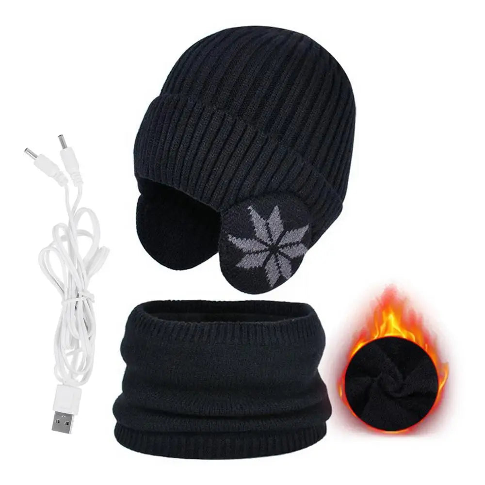 2 in 1 Winter Knitted Cap Neck Warmer USB Heated Beanie Hat Scarf Outdoor Cold Weather Rechargeable Heated Knitting Beanies