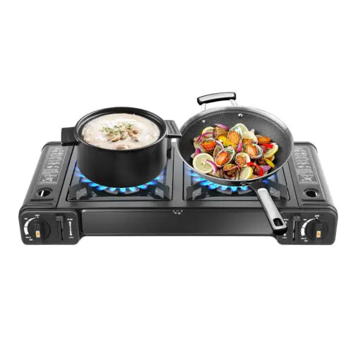 Black Portable Camping Stove 2 Burners Camping Stove Camping Stove W/Grill Tray