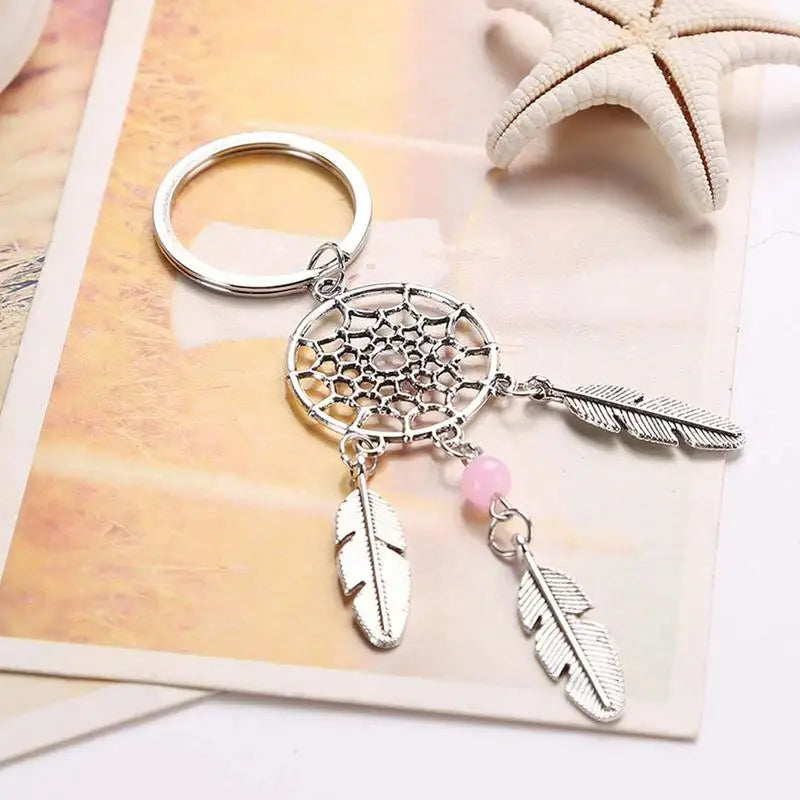Natural Stone Dream Catcher Keyring Bag Charm Fashion Jewelry Feather Wing Keychain For Women Girl Party Gift