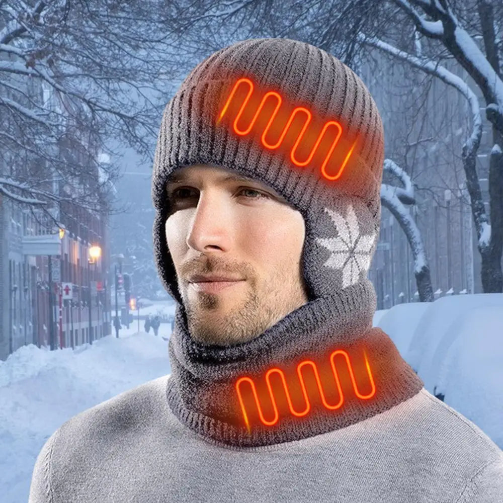 2 in 1 Winter Knitted Cap Neck Warmer USB Heated Beanie Hat Scarf Outdoor Cold Weather Rechargeable Heated Knitting Beanies