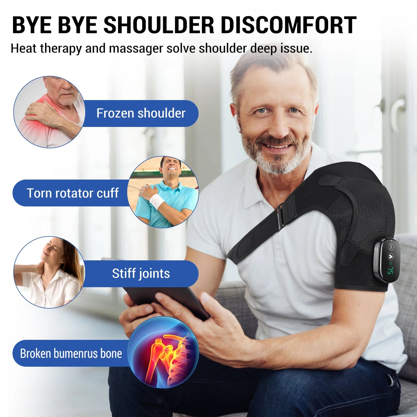 Rechargeable Heating Shoulder Pads Adjustable Shoulder Heating Belt Unisex 3 Level Vibration Heating Shoulder Brace Support Wrap