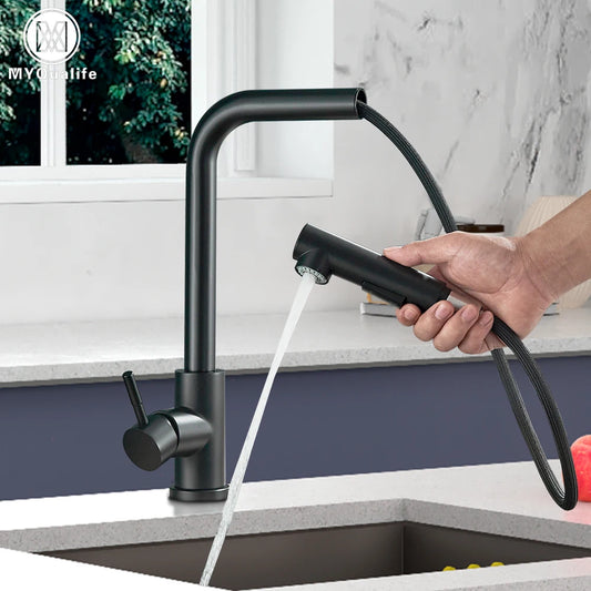 Black Pull Out Kitchen Sink Faucet Two Model Stream Sprayer Nozzle Stainless Steel Hot Cold Water Mixer Tap Deck