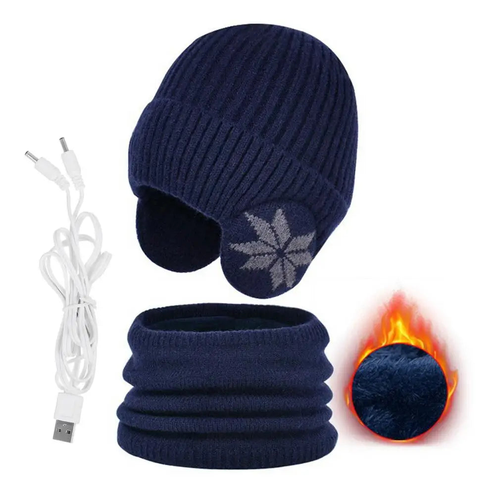2 in 1 Winter Knitted Cap Neck Warmer USB Heated Beanie Hat Scarf Outdoor Cold Weather Rechargeable Heated Knitting Beanies