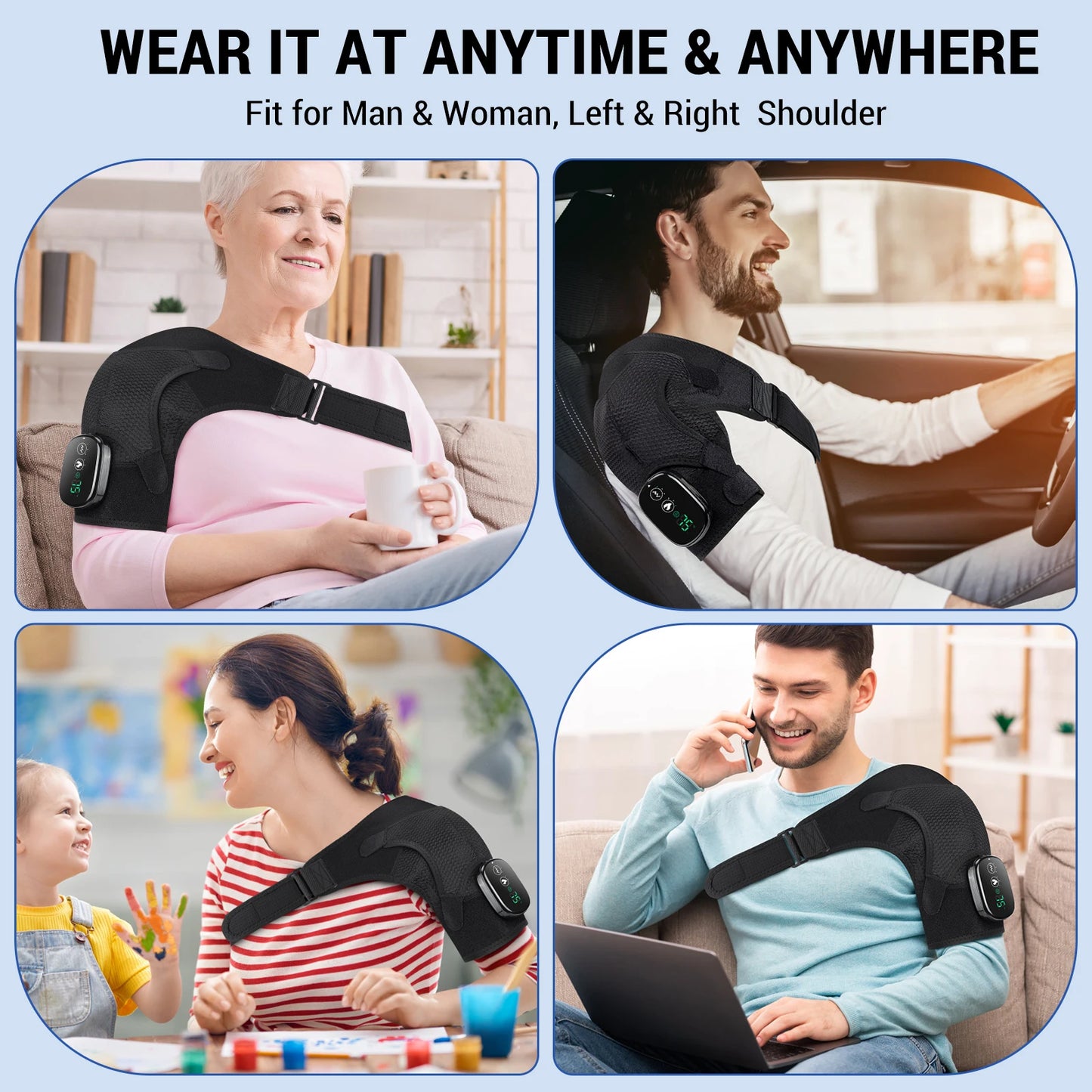 Rechargeable Heating Shoulder Pads Adjustable Shoulder Heating Belt Unisex 3 Level Vibration Heating Shoulder Brace Support Wrap